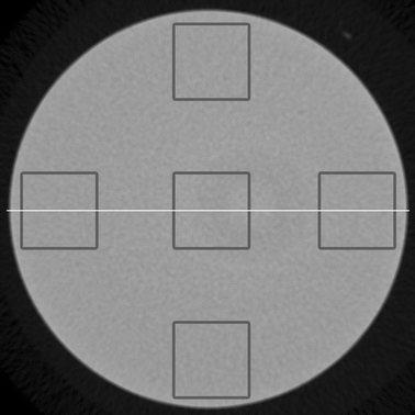A typical reconstructed horizontal slice from HA4, indicating the locations of the square-shaped Regions of Interest (ROIs) with a size of 2 × 2 mm2 and from where the signal profiles were taken.