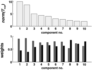 Size of the super-scores tsup (top) and weights of the block scores (bottom) tm (grey) and tc (black).