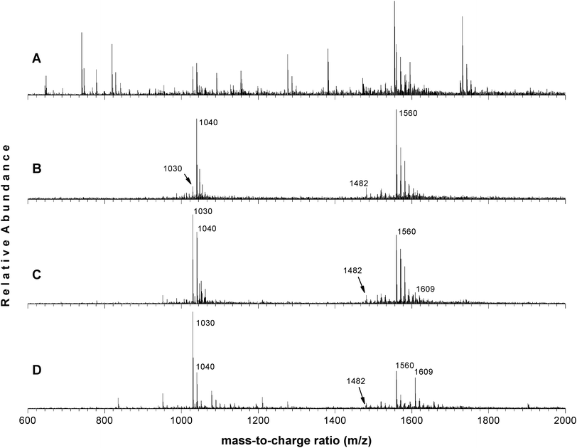 
          Mass spectra of the β-casein tryptic digest treated with different metal oxides: (A) non-treated, (B) ZrO2, (C) TiO2, and (D) HfO2.