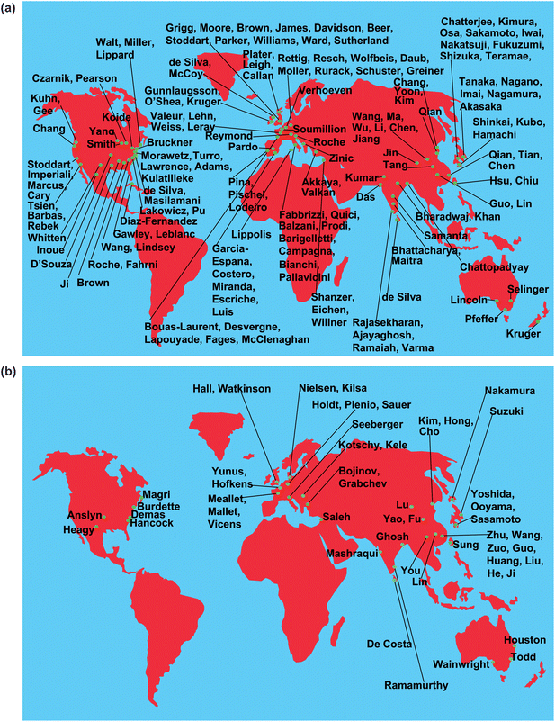(a,b) Sources of fluorescent PET sensors. Only the names of corresponding authors from the literature are given. The corresponding authors will be happy to receive evidence of errors and omissions so that future versions of the maps can be improved.
