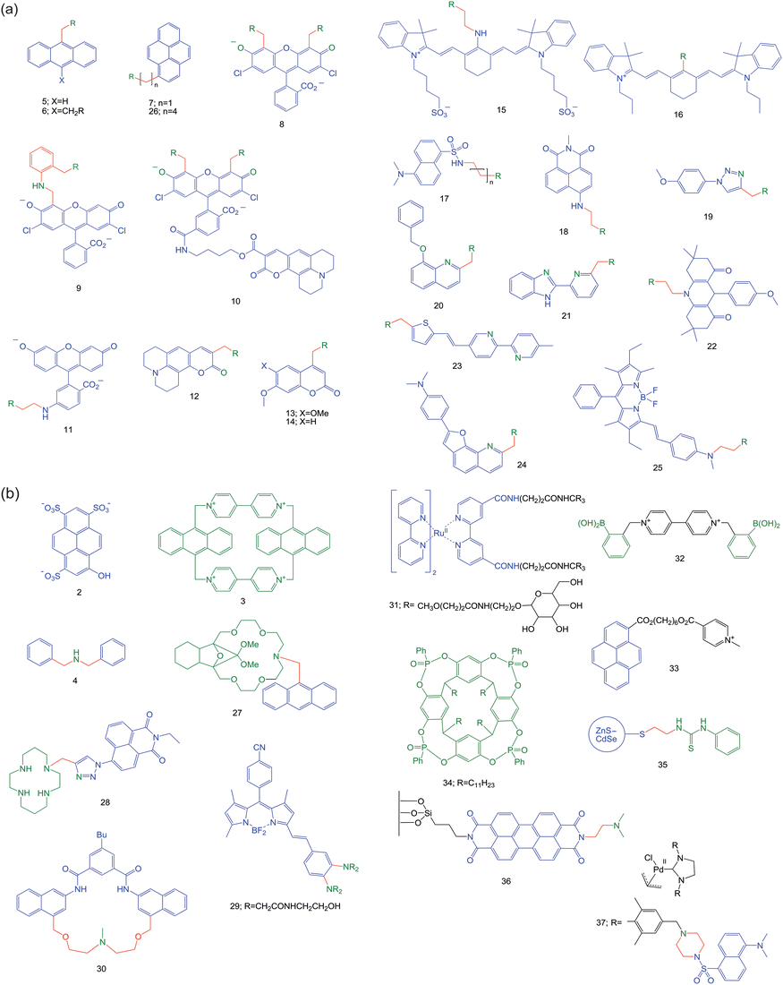 (a) Structural formulae of the dipicolylamine-based sensors discussed in the case study. In all these cases, the R group represents the di(2-pyridylmethyl)amino moiety. (b) Structural formulae for the compounds highlighted from the past year. Following on from Fig. 2a and 2b, the following colour scheme is employed in both Fig. 7a and 7b: fluorophores in blue, spacers in red and receptors in green. When atoms in the fluorophore can also ligate to the analyte, these are shown in green.