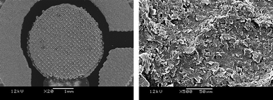 
          SEM images of the SPE pH probe. The left image shows a fully integrated sensor where the centre circle is the working electrode containing the pH active and pH inactive compounds; on the bottom right of this mage is the pseudo silver–silver chloride reference electrode with the outer track being the counter electrode. The image on the right shows close inspection of the working electrode.