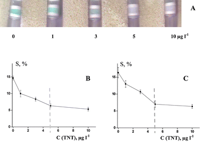 TNT determination with tracer 4-ADNT–GA–HRP (dilution at 1 : 4000). A: Scanning image, gel coupled with anti-TNB–BSA antibody; B: Parameter S values, gel coupled with anti-TNB–BSA antibody (n = 3); C: Parameter S values, gel coupled with anti-4-ADNT–GA–STI antibody (n = 3). Detection time is 3 min. Dashed lines present the cut-off level of the assay.