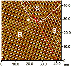 
          STM image showing different domain boundaries with a dashed red line (a linear dislocation) and white line. Tunnelling conditions: Ebias = 845 mV, I = 529 pA.