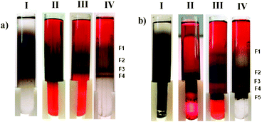 Centrifuge vials after DGU (18 h, 15 krpm) in a nycodenz gradient (a) CoMoCAT SWCNTs, (b) HiPco SWCNTs; from left to right: (I) SWCNTs dispersed in SDS in a gradient containing SDS ([SDS] = 2 wt%); (II) SWCNTs dispersed in 1 with [1] = 0.1 wt% throughout the centrifuge tube; III) SWCNTs dispersed in 1 with [1] = 0.1 wt% and [SDS] = 2 wt% throughout the centrifuge tube; IV) SWCNTs dispersed in 1 [1] = 0.1 wt% in a gradient containing SDS ([SDS] = 2 wt%).