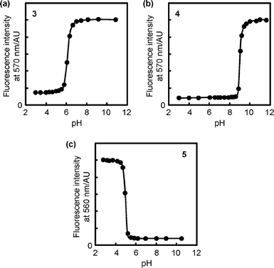 Fluorescence responses of (a) 3 at 50 °C, (b) 4 at 50 °C, and (c) 5 at 45 °C to pH variation in a Britton–Robinson buffer. Concentration: 0.01 w/v%. Excitation: 450 nm.