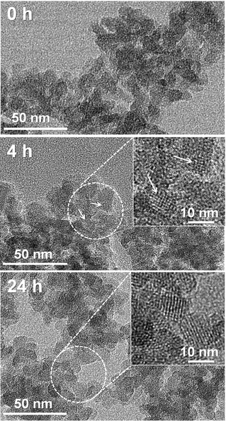 
          High-resolution TEM images of solid products collected during the crystallization of hierarchical BEA zeolite at 170 °C.