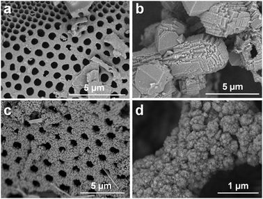 
          SEM images of pristine diatomaceous earth and BEA zeolites synthesized using diatomaceous earth as a silica source. a: Pristine diatomaceous earth. b: BEA zeolite synthesized using TEAOH. c and d: BEA zeolite synthesized using CD as SDA.