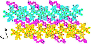 The 3D supramolecular structure of 4. Two adjacent 2D metal–organic frameworks are marked as blue and yellow, whereas the mono-coordinate “second” ligands (bpp) are highlighted as sanguine.