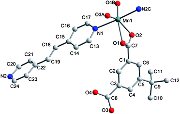 (a) Coordination environment of the Mn (II) ion in 2. Hydrogen atoms are omitted for clarity. Symmetry codes: A, x, 1 − y, − 0.5 + z; B, 0.5 − x, −0.5 + y, 0.5 − z; C, 0.5 + x, − 0.5 + y, z.