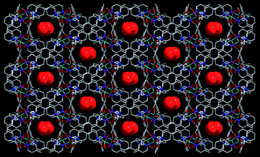 Projection of 2 along the c axis showing the cavities encapsulating free water molecules.