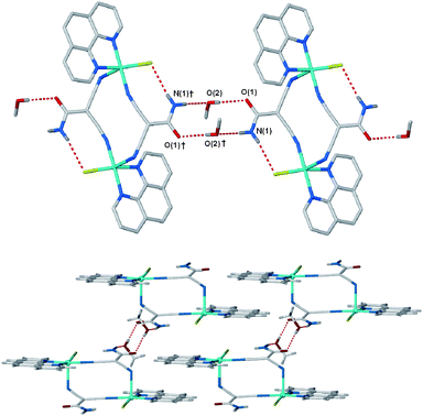 (a) A portion of the 1D hydrogen-bonded chain in 2. Methanol molecules are incorporated into the ‘traditional’ amide dimer synthon. Symmetry equivalent used; †, −x, 2 − y, 1 − z. Hydrogen bond distances (D⋯A/Å); O(2)⋯O(1), 2.733(3); N(1)⋯O(2)†, 2.932(4). (b) Packing between 1D chains involves π-stacking between phenanthroline ligands.