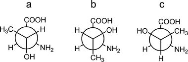 Side-chain conformations in l-threonine, generated by rotations around the Cα–Cβ bond.