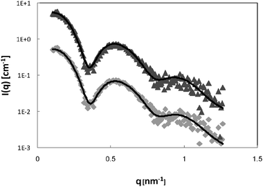 
            SAXS curves of 6 wt% P123 (◆) and 0.7 mm Brij56-NO in 6 wt% P123 (▲). The solid lines are fits to a polydisperse core-shell spherical model (eqn (21)) and best-fit parameters are summarized in Table 1. The 0.7 mM Brij56-NO in 6 wt% P123 curves is vertically shifted by a factor of 10 for clarity.