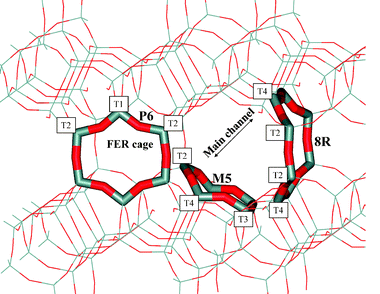 FER structure showing T-site numbering. The 8-member ring on the intersection of the main and perpendicular channel (8R), as well as the 5-member ring on the wall of the main channel (M5) and 6-member ring in the cage (P6), are depicted in a tube mode. Framework Si and O atoms are coloured in grey and red, respectively.