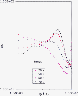 Radially averaged spectra taken at 20, 50, 60 and 70 s after water addition in the experiment with a longer sample-dectector distance (as in Fig. 3). The peak that is located at the high Q edge of the first spectrum (repeat distance 60 nm) is the first diffraction order of the transient lamellar phase. The broad hump that grows with time at intermediate Q values (distances 140–100 nm) originates from the new phase that grows at the expense of the transient lamellar phase.