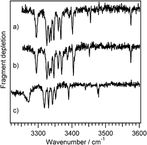 
            IR-UV double resonance spectra of (a) Ac-Phe-(Ala)10-Lys-H+ recorded at the first band origin at 372 58 cm−1, (b) Ac-Phe-(Ala)10-Lys-H+ recorded at the second band origin at 37 568 cm−1, and (c) Ac-Lys(H+)-Phe-(Ala)10 recorded at the largest transition at 37 515 cm−1.