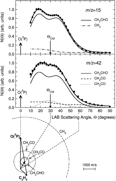 
            LAB angular distribution at m/z = 15 (top) and m/z = 42 (bottom) from the reaction O(3P) + C2H4 at Ec = 54.0 kJ mol−1, obtained by using an electron energy of 17 eV, together with the Newton diagram of the experiment. Error bars are indicated when visible outside the experimental dots. The circles in the Newton diagram delimit the maximum speed that the indicated products can attain on the basis of energy and linear momentum conservation if all the available energy goes into product translation. The heavy solid line is the total angular distribution calculated from the best-fit product CM translational energy and angular distributions, the separate contributions from the CH2CHO and CH3 products from channels (3a) and (3d) are shown with light solid and dashed-dotted lines, respectively (top), and from the CH2CHO, CH2CO and CH3CO products from channels (3a), (3c) and (3b) are shown with light solid, dashed, and dotted lines, respectively (bottom). Top graph: reproduced with permission from J. Phys. Chem. A, 2005, 109, 3527–3530. Copyright 2005 American Chemical Society.