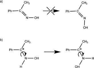 Rotation of the C–N bond for (a) the neutral acetophenone oxime, and (b) the N-protonated oxime.