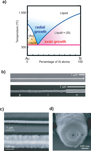 (a) Binary phase diagram for Au and Si illustrating the thermodynamics of axial and radial nanowire growth. (b) SEM images of p-i-n axial Si-nanowire before (upper panel) and after (lower panel) wet-chemical etching. (c) SEM images of the p-i-n coaxial Si-nanowire at two different magnifications. (d) Cross-section SEM image of a coaxial Si-nanowire after wet-chemical etching from the cleaved end. Adapted from ref. 12 and 13.