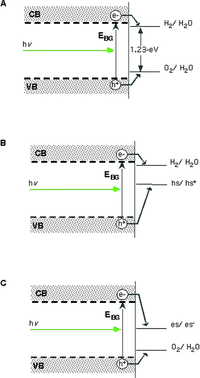 
          Semiconductor–electrolyte junction energetics for the 
          water
           splitting half-reactions. In part A, a single photoelectrode system (generic doping type) capable of carrying out the two half-reactions is shown. No material is known to efficiently perform this process using visible light. In B, a photoelectrode system is shown for which a sacrificial “hole scavenger” such as a sulfite electrolyte or alcohol has been introduced into the system in order to study the hydrogen evolution reaction (HER) ability of the (p-type) photoelectrode. In C, a photoelectrode system is shown for which a sacrificial “electron scavenger” such as an electrolyte containing Ag+ ions has been introduced into the system in order to study the oxygen evolution reaction (OER) ability of the n-type photoelectrode. Adapted from ref. 6.