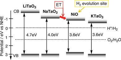 Band structures of alkali tantalate photocatalysts and NiO co-catalyst.122