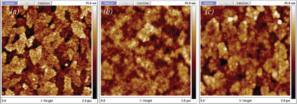 
              Atomic force micrographs for (a) clean ITO, (b) POMA-coated ITO via voltammetric (potential sweep) deposition, and (c) POMA-coated ITO via potentiostatic deposition.