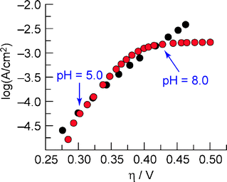 Tafel plot (●), η = (Vappl− iR) −E(pH 7), of a catalyst film on ITO in 0.1 M KPi electrolyte pH = 7.0, corrected for the iR drop of the solution. pH data converted into a Tafel plot () using eqn (2). The pH = 5 and pH = 8 data points are indicated by arrows. Reproduced with permission from Science 2008, 321, 1072. Copyright 2008 American Association for the Advancement of Science.