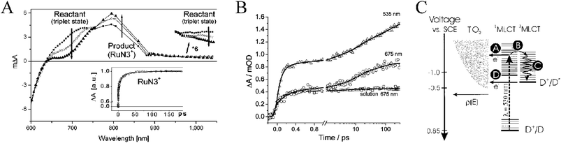 (A) Picosecond transient absorption difference spectra for N3/TiO2 where changes due to 3MLCT excited-state injection are noted. Taken from Fig. 2 of ref. 107. (B) Time-resolved, single-wavelength absorption difference spectra for N3 and N3/TiO2 demonstrating relaxation within the triplet-character manifold of states on the picosecond time scale. Excitation wavelengths are indicated on the figure. Taken from Fig. 4 of ref. 114. (C) A schematic depicting the possible interfacial, excited-state processes: (a) ultrafast, ‘hot’ injection; (b) intersystem crossing; (c) vibrational relaxation; and (d) slower thexi-state injection. Taken from Fig. 9 of ref. 111.