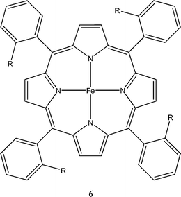 Savéant iron porphyrin catalyst structure shown to reduce CO2 to CO in the presence of weak Brønsted acids at a potential of −1.5 V vs. SCE.15 Porphyrins of this nature reduce CO2 to CO with high turnover frequency and low catalyst degradation, but require potentials too high for practical applications.