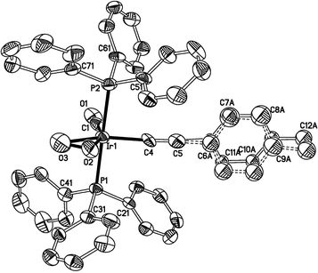 Molecular structure of Ir(CCC6H4Me)(η2-O2)(CO)(PPh3)2 (5b). Selected bond lengths (Å) and angles (°): Ir–P(1) 2.351(2); Ir–P(2) 2.350(2); Ir–C(1) 1.844(10); Ir–C(4) 2.011(10); C(4)–C(5) 1.186(12); C(5)–C(6A) 1.466(16); C(5)–C(6B) 1.484(18); Ir–O(2) 2.030(7); Ir–O(3) 2.036(7); O(2)–O(3) 1.492(9); P(1)–Ir–P(2) 175.58(8); C(1)–Ir–C(4) 94.5(4); C(4)–Ir–O(2) 106.9(3); C(4)–Ir–O(3) 149.8(3); C(1)–Ir–O(3) 115.7(4); Ir–C(4)–C(5) 177.4(7); C(4)–C(5)–C(6A)172.5(12); C(4)–C(5)–C(6B) 178.3(12).