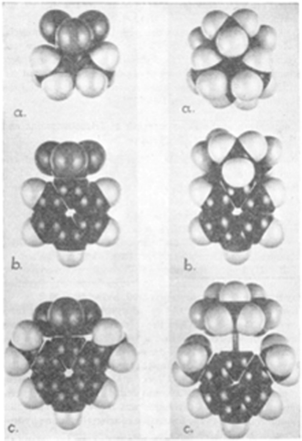 Molecular models of left (a) NMe3BF3, (b) C5H5NBF3, (c) C5H3Me2NBF3; right (a) NMe3BMe3, (b) C5H5NBMe3, (c) C5H3Me2NBMe3. Reprinted with permission from ref. 2. © 2006 American Chemical Society.