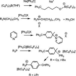 Non-classical Lewis acid–base reactions of trityl anion and cation with various Lewis donors.