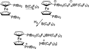 Reactions of bisphosphinoferrocene with B(C6F5)3 with H2.