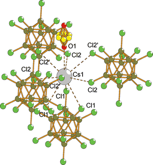 Coordination sphere around Cs+ in Cs2[B12Cl12]·SO2. Selected bond length [pm]: O1–Cs1 337.9(9), Cl1–Cs1 365.4(2) (3×), Cl2–Cs1 349.5(2) (3×), Cl2′–Cs1 373.7(2) (3×).