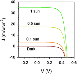 Experimental current density–voltage characteristics measured under different light intensities (small BP solar cell).