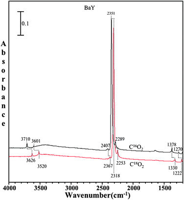 
            FTIR spectra of adsorbed C16O2 (black) and adsorbed C18O2 (red) on BaY zeolite at a pressure of 1 Torr and a temperature of 296 K.