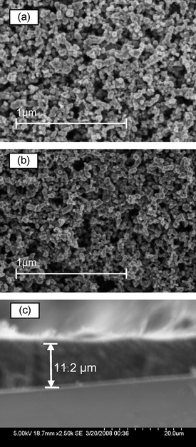 Top view SEM images of (a) a 11.2 um thick carbon/TiO2 composite layer and (b) a pure TiO2nanoparticle layer on a FTO substrate. Cross section SEM image of (c) a carbon/TiO2 composite layer.