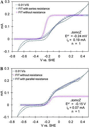 CV recorded at 0.01 V s−1 from 0.45 V to −0.7 V and back to 0.45 V vs.SHE of a ΔomcZ biofilm, fitted as (A): uniform biofilm in which all microbes encounter resistive ET paths to the electrode surface and (B): 2-component biofilm in which one component encounters conductive ET paths, the other resistive ET paths.