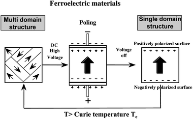 Conversion of multi-domain structure to single domain structure by the application of high dc voltage (poling) to ferroelectric materials, and the reverse process by heat treatment above Curie temperature. Single domain structure exposes (+) and (−) surface on the front and back surfaces, when the polarization axis is vertical to the surface.