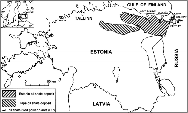 Location map of Estonia and Tapa oil shale deposits and Narva power plants.