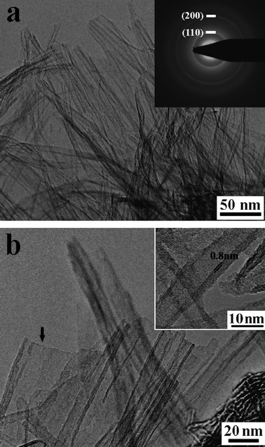 
            TEM images of as-prepared titanate nanotubes. Inset (a) shows a typical electron diffraction pattern of the nanotubes. Inset (b) is an enlargement showing an interlayer distance of about 0.8 nm. Arrow in panel (b) indicates the lamellar intermediates/by-products.