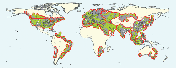 Sedimentary basins that have formations potentially suitable for CO2storage. White dots are significant sources of CO2 emissions. Green regions include sedimentary rocks with storage potential, grey zones do not, and white areas have not been assessed. Areas with large CO2 sources (white dots) within 300 km are outlined in red.31