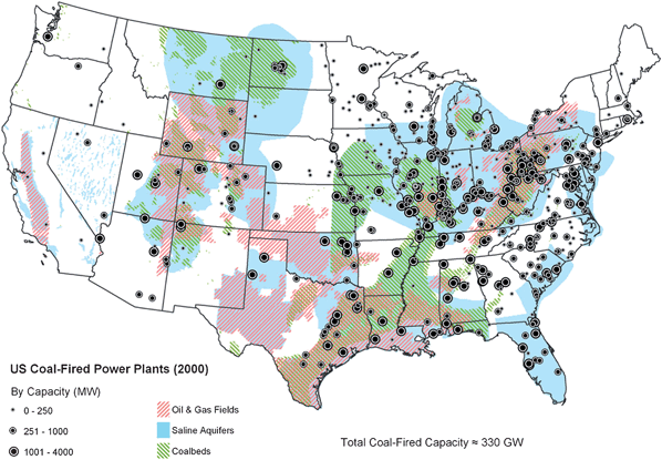 US locations of large CO2 sources and geologic formations (oil and gas fields, deep saline aquifers, and deep coal beds) potentially suitable for storage.2 (a) Spatial distributions of permeability. (b) Spatial distributions and fraction of pore space occupied by injected CO2.