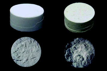 Tablet of Mg(NH3)6Cl2 before and after ammonia desorption.109