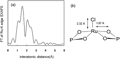 (a) FT spectra of k3-weighted Ru XAFS of RuHAP, (b) proposed structure of RuHAP.