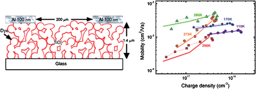 Correlation between charge density and electron mobility in dye-sensitized mesoporous TiO2 illustrates that charge recombination is mainly governed by the recombination reaction rate constant and that charge density dependence is mainly a result of the bimolecular nature of the recombination process. (Reproduced from ref. 26, with permission).