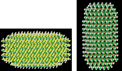 Two different shaped CdSe quantum dots. While their total number of atoms are similar, the bulk contributions to the total dipole moments are very different. The pancake shaped quantum dot (left) has a bulk contribution to the dipole moment at 30.3 Debye, while for the cigar shaped quantum dot (right), this contribution is 73.3 Debye. The dipole moments are calculated using the LS3DF method.