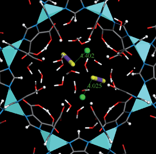 Locations of CO2 and H2O molecules in the S8R for CO2/CH4/H2O mixture at 500 kPa. Na+ ions are represented by balls, CO2 and H2O molecules are represented by sticks. The distances of Na+–OCO2 are in angstroms.