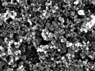 
          SEM micrograph of a TiO2 film obtained by a sol gel procedure in acidic conditions (HNO3). Magnification: 130000 X.